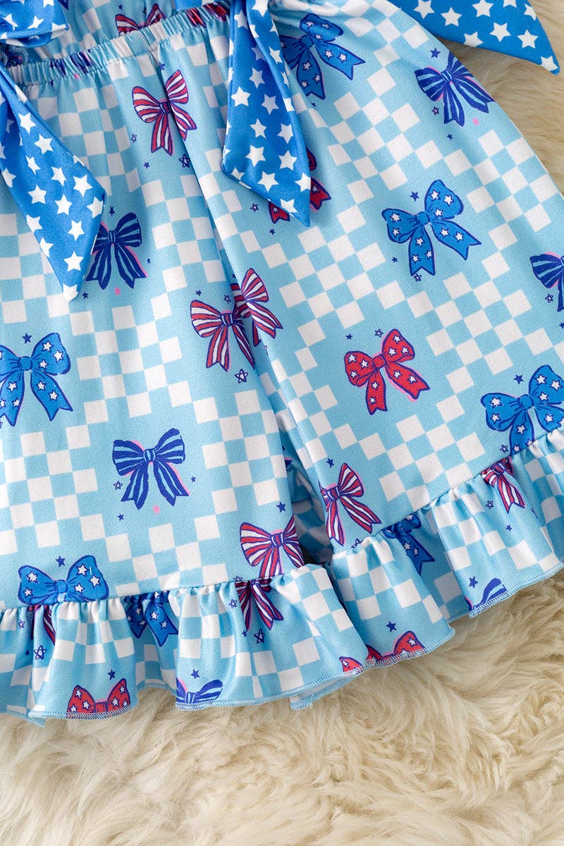 Patriotic bow printed jumpsuit with checker.