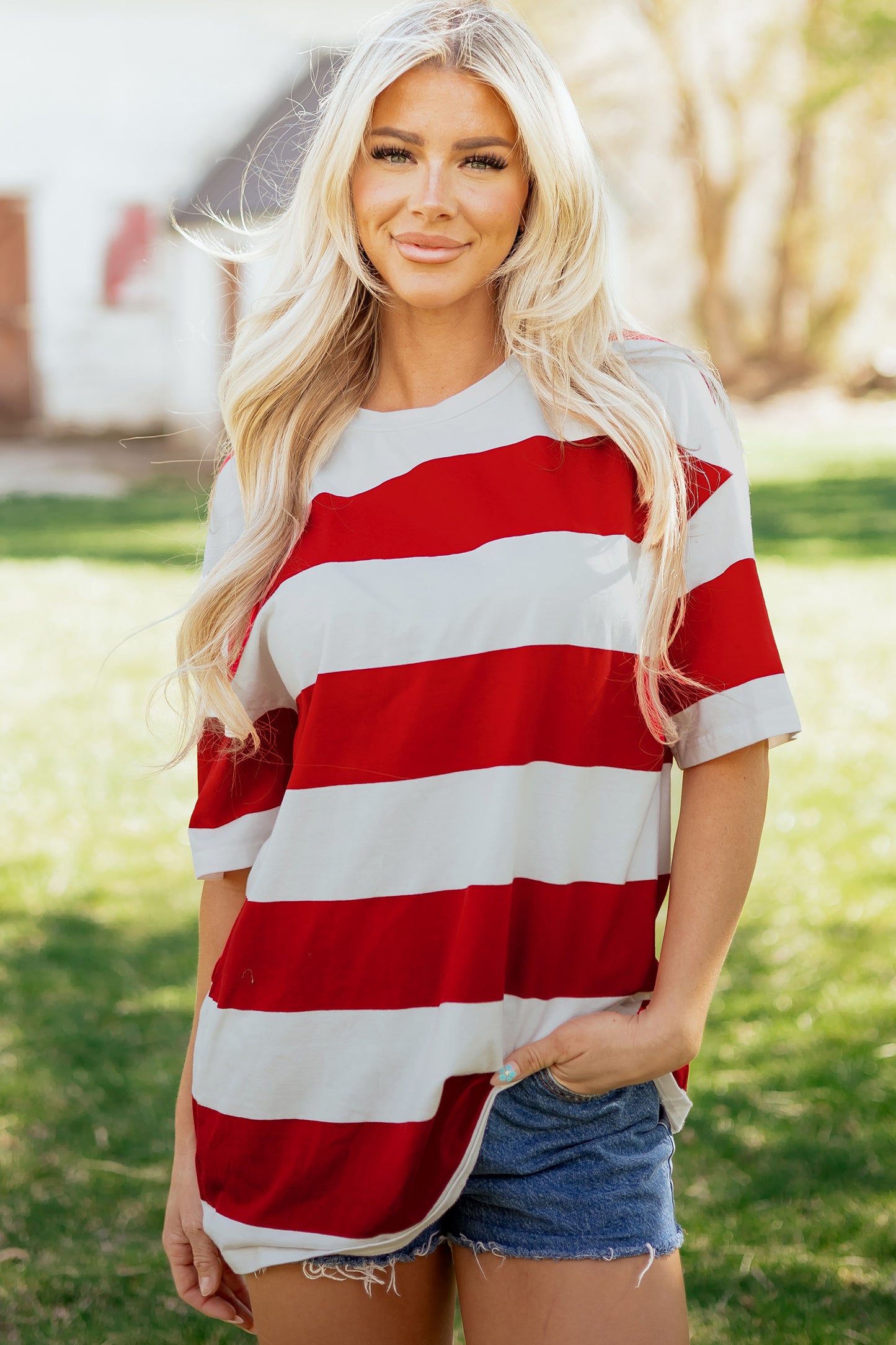 Racing Red Striped Color Block Oversize Tunic Tee