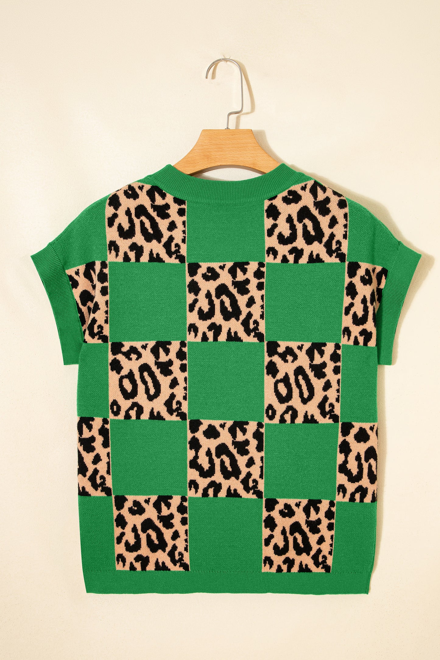 Green Leopard Checkerboard Short Sleeve Knit Sweater