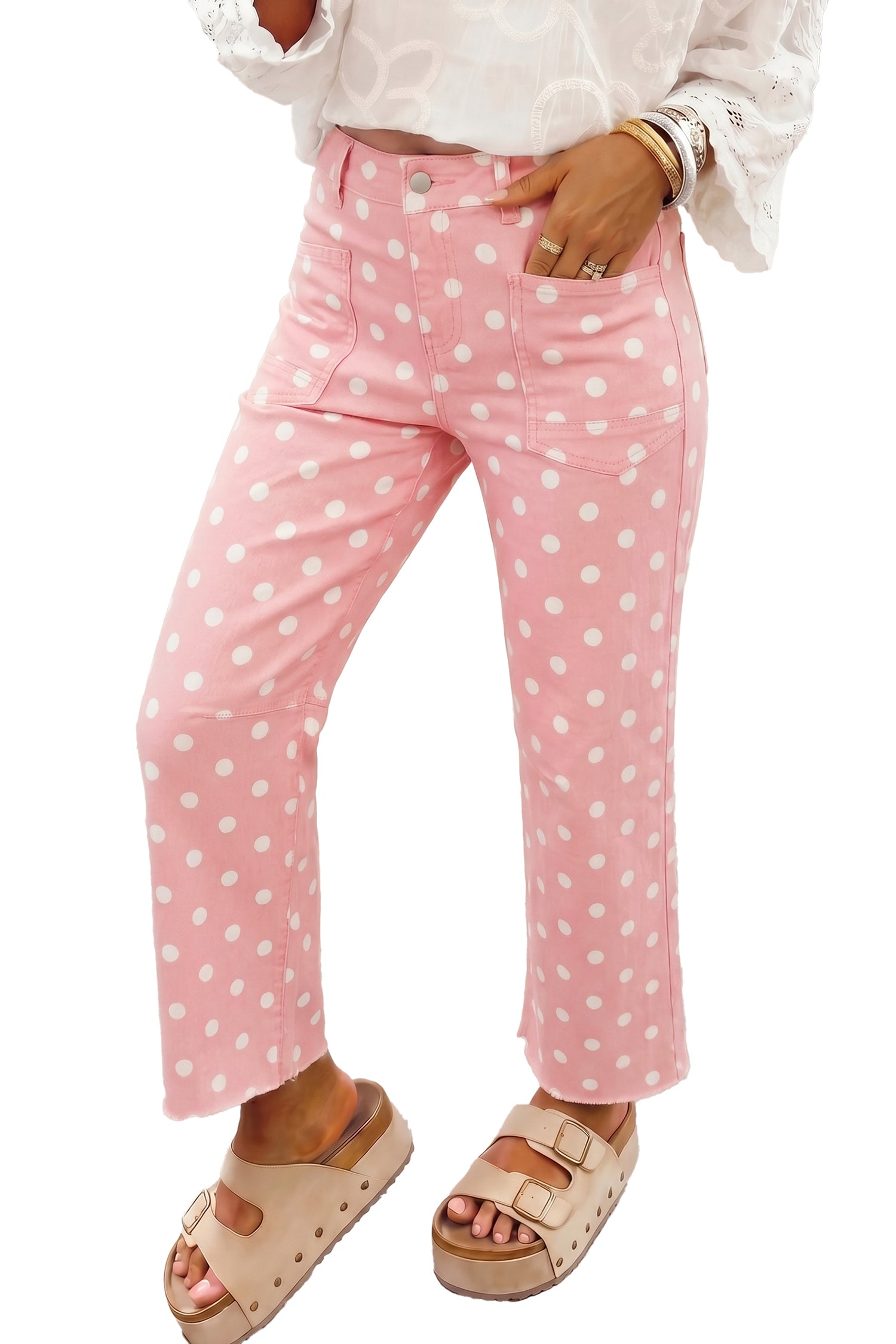 Pink Polka Dot Casual Slim Fit Jeans