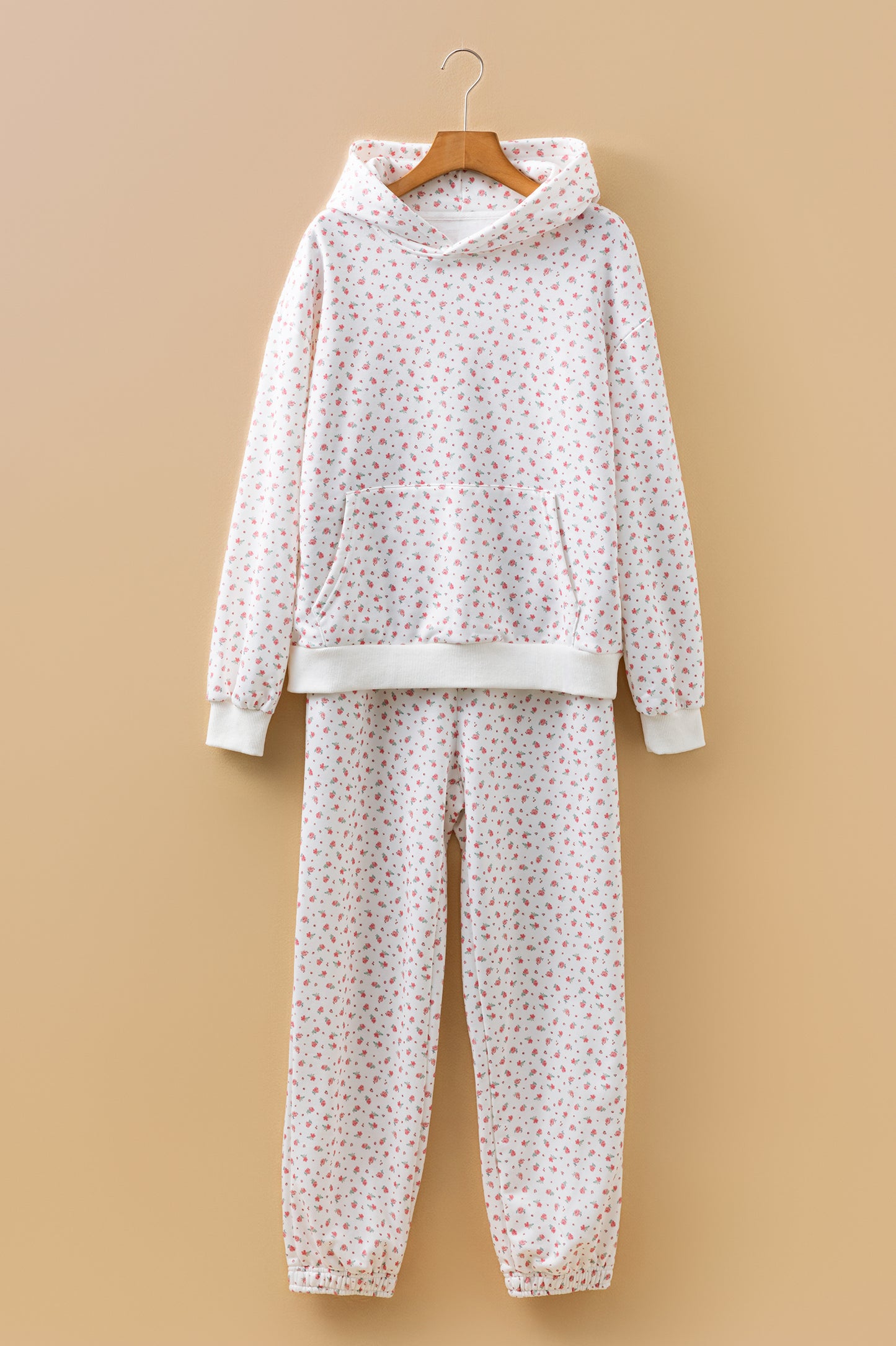 Floral Print Kangaroo Pocket Hoodie Sheath Sweatpants Set