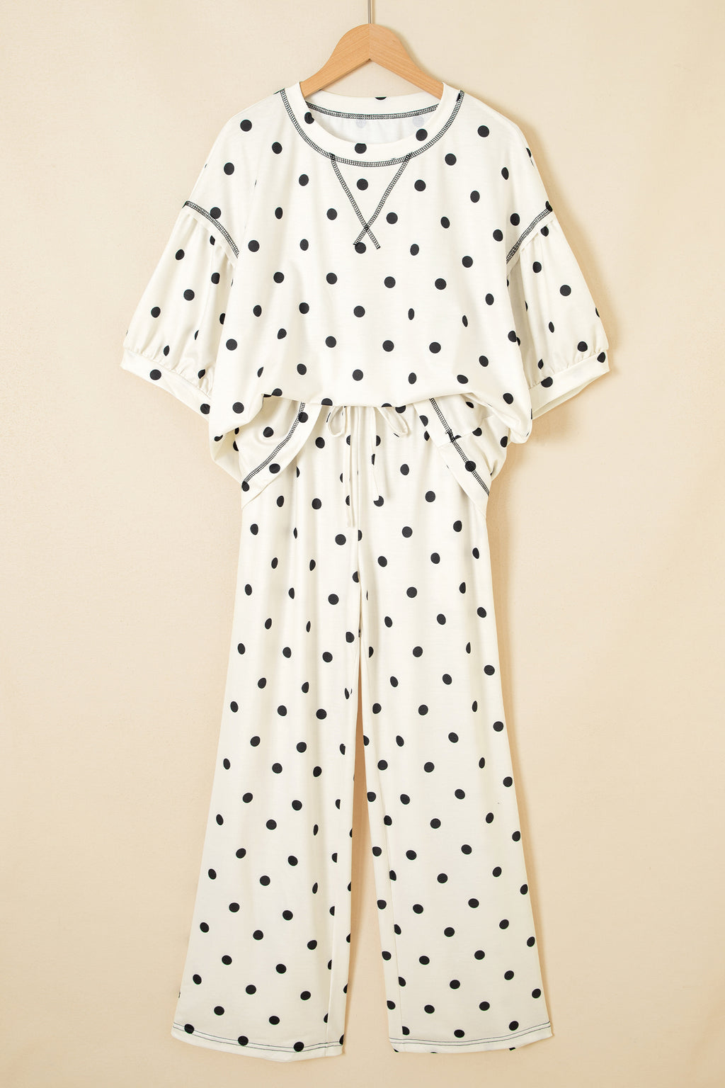 Black Polka Dot Half Sleeve Loose Top Elastic Waist Casual Pants Set