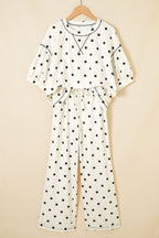 Black Polka Dot Half Sleeve Loose Top Elastic Waist Casual Pants Set