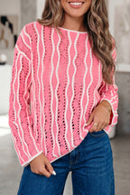 Pink Wavy Detail Hollow Out Knit Long Sleeve Cotton Pullover Sweater