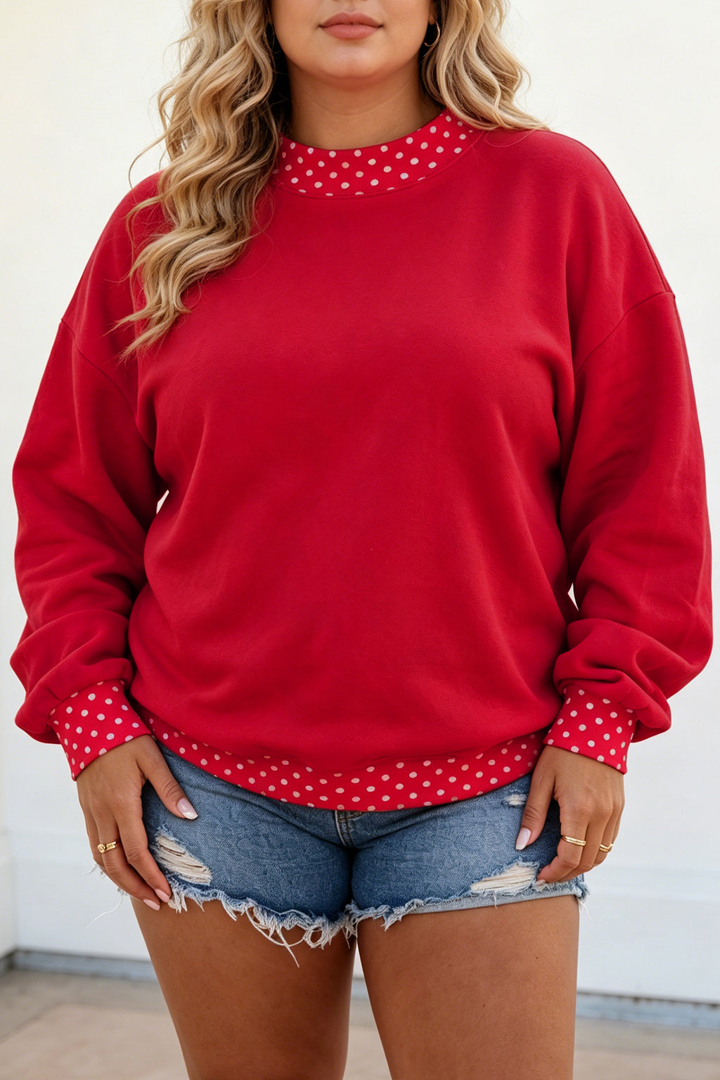 Polka Dot Patchwork Round Neck Plus Size Sweatshirt