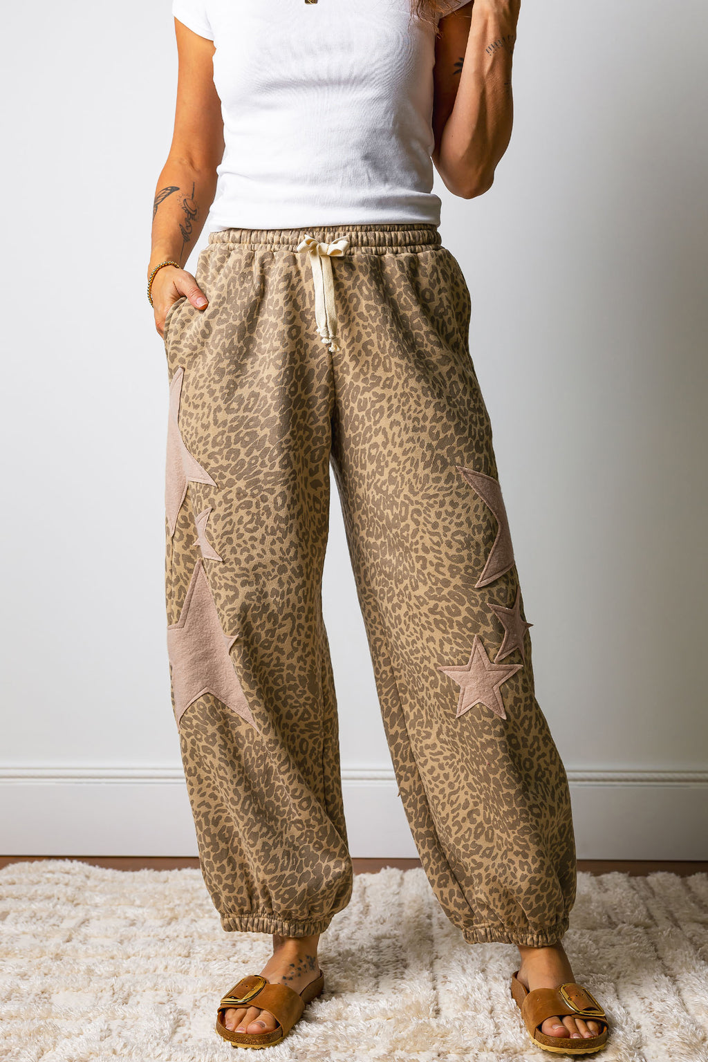 Gray Leopard Print Star Patched Drawstring Elastic Waist Jogger Pants