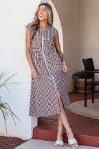 Coffee Plaid Print Full Zipper Cinched Waist Fit Flare Sleeveless Maxi Dress