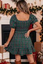 Green Plaid Shirred U Neck Short Sleeve Mini Dress