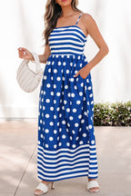 Blue Striped Polka Dot Patchwork High Waist Spaghetti Straps Maxi Dress