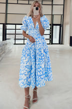 Sky Blue Floral V Neck Puff Short Sleeve Flowy Long Dress