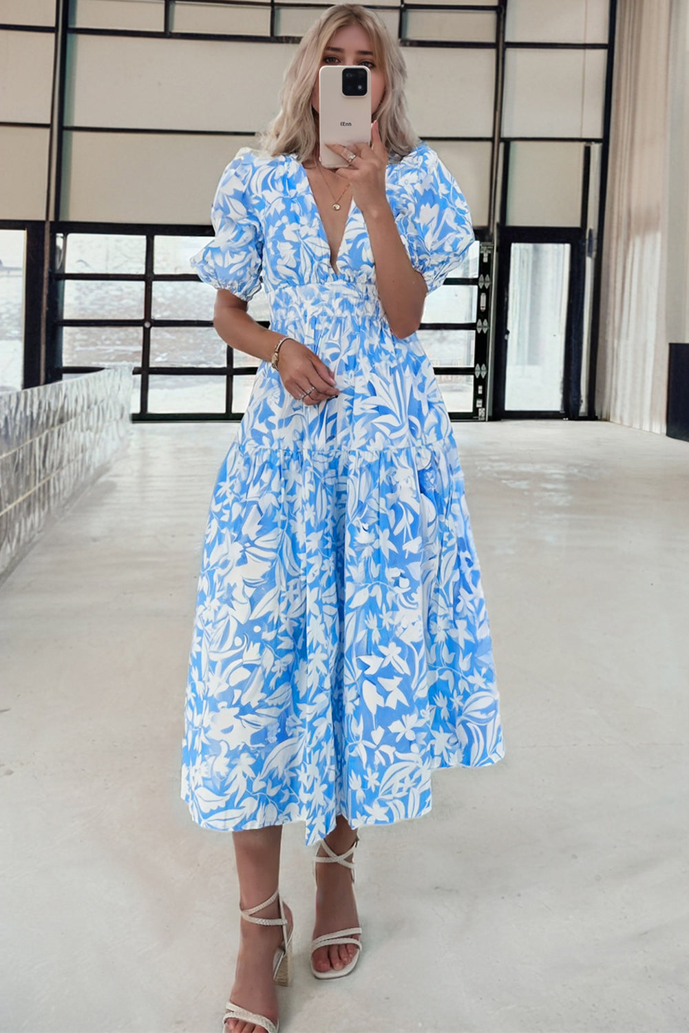 Sky Blue Floral V Neck Puff Short Sleeve Flowy Long Dress