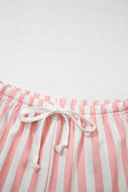 Smoke Green Striped Color Block Pullover Top Drawstring Shorts Set
