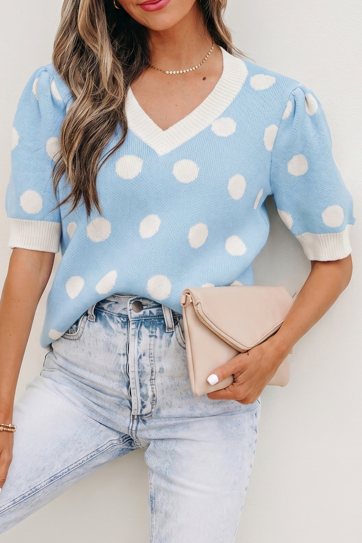 Rose Red Polka Dot Puff Short Sleeve Sweater Top