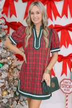 Red Plaid Mini Mini Shift Style Short Sleeve Dress