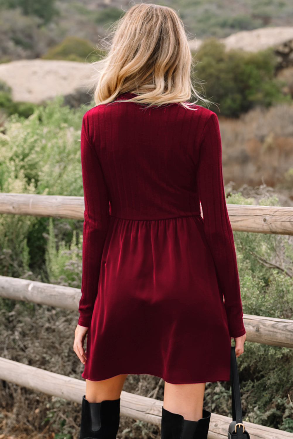 Frilled Neck Ribbed Knit Patchwork Long Sleeve Mini Dress