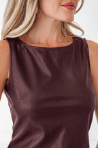 Coffee Vegan Leather Sleeveless Mini Dress