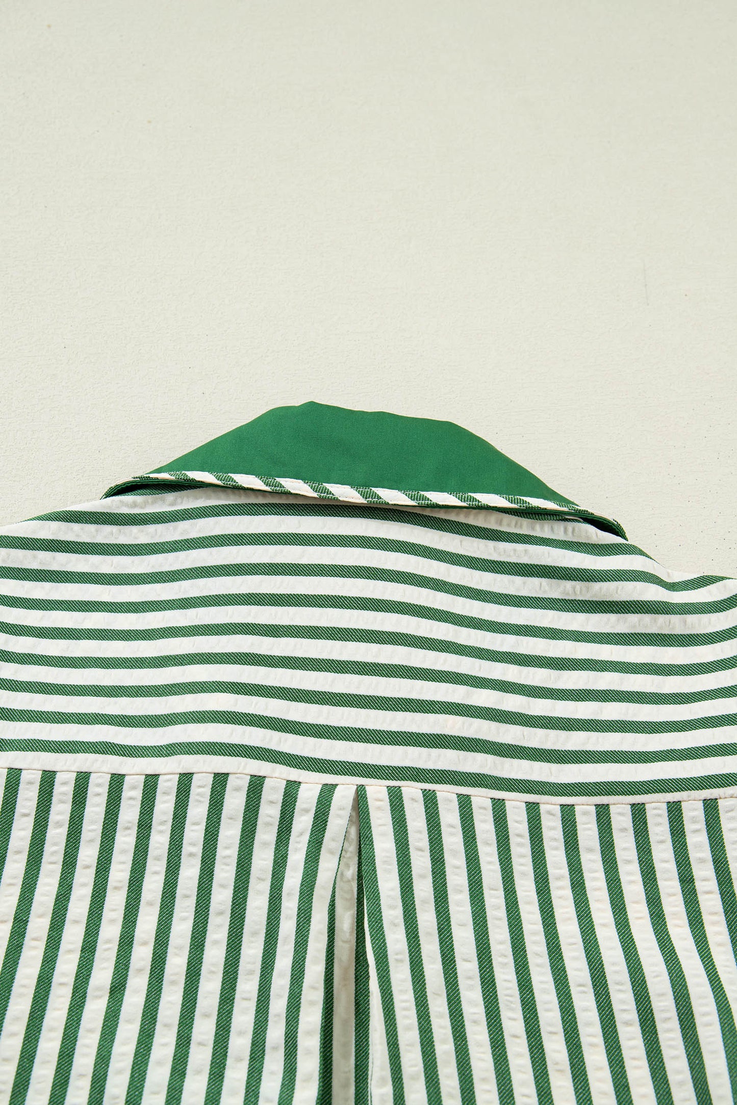 Green Stripe Collared Split Neck Short Bubble Sleeve Blouse