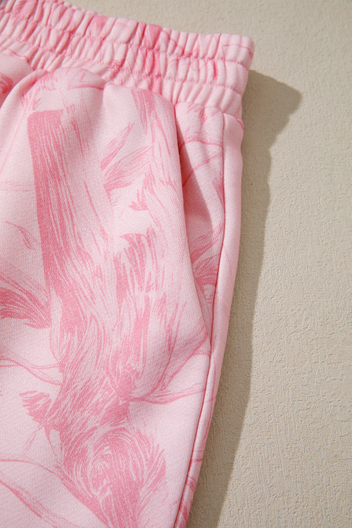 Pink Abstract Print Ribbed Crewneck Long Sleeve Top Elastic Waist Short Set