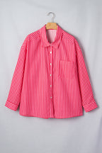 Red Stripe Button-Up Shirt Long Sleeve Patch Pocket Casual Shirt