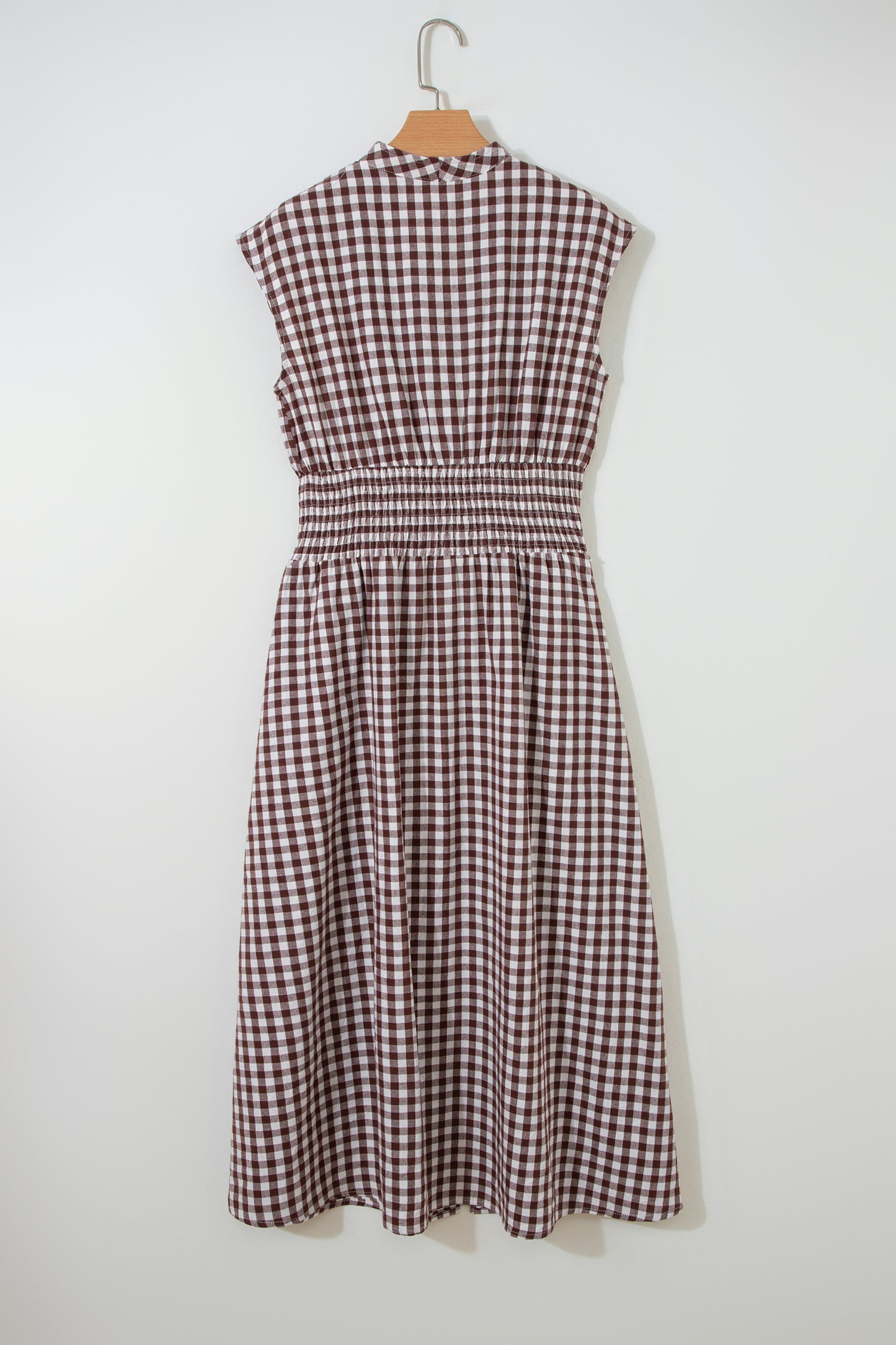 Coffee Plaid Print Full Zipper Cinched Waist Fit Flare Sleeveless Maxi Dress