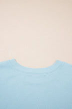 Mist Blue Solid Color Ribbed Trim Short Sleeve Top Drawstring Loose Pants 2pcs Outfit