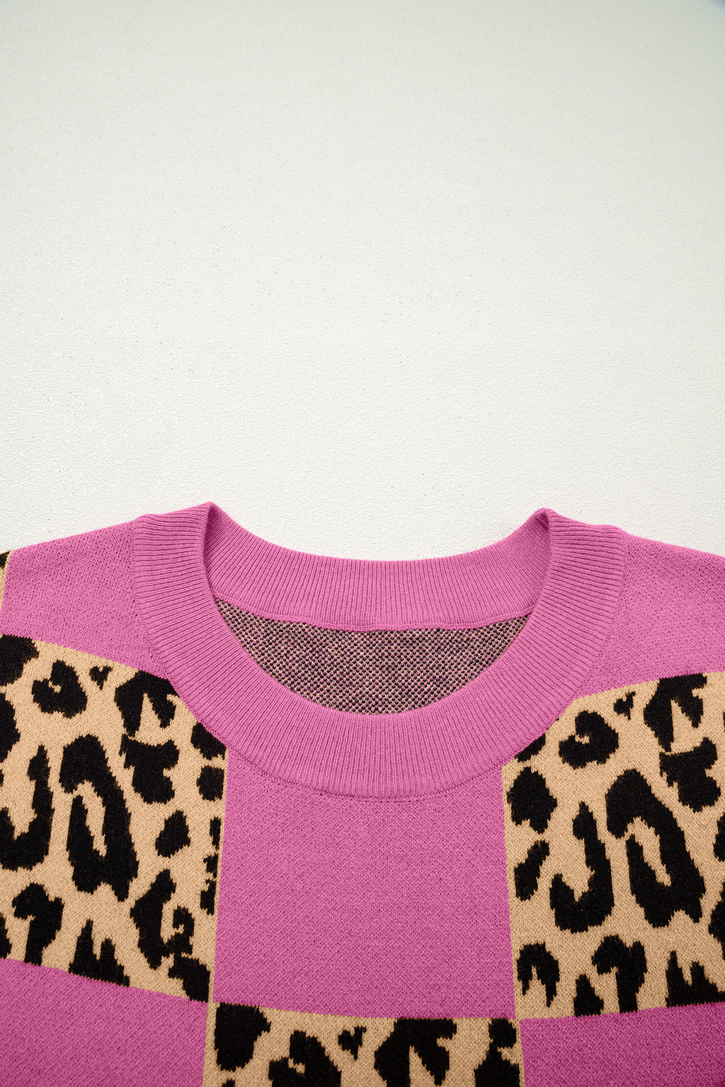 Black Leopard Checkerboard Short Sleeve Knit Sweater