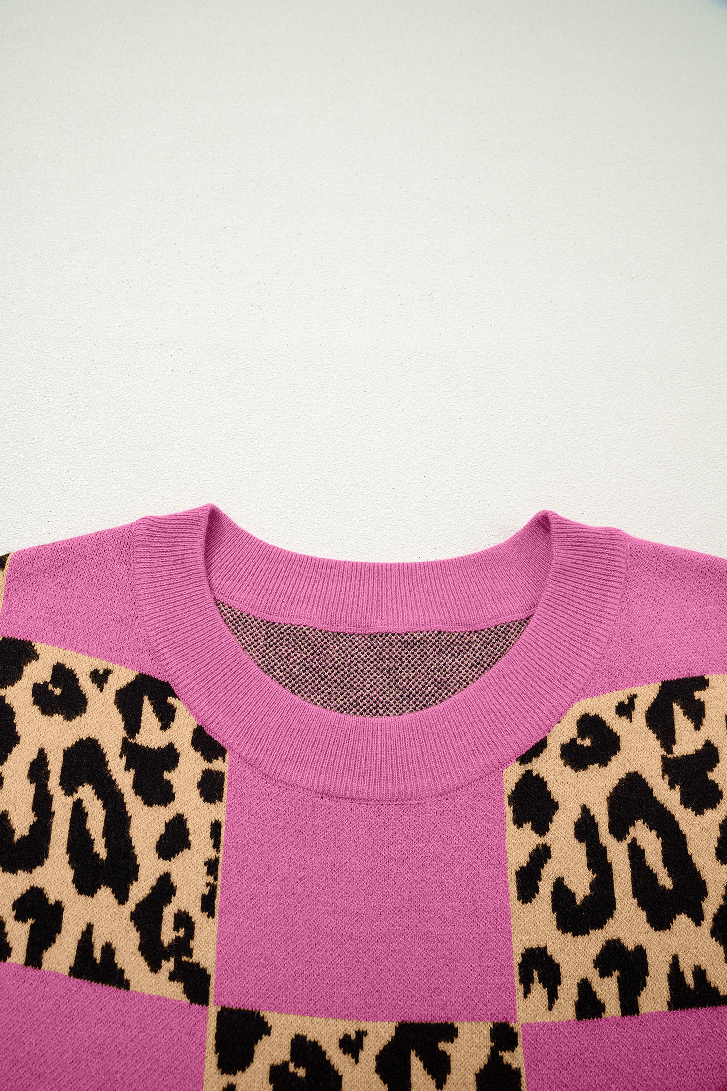 Black Leopard Checkerboard Short Sleeve Knit Sweater