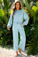 Drop Shoulder Puff Sleeve Crop Pullover Drawstring Wide Leg Pants Set