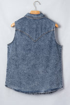 Ashleigh Blue Solid Denim Button Front Pocket Sleeveless Cowboy Vest