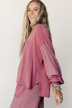 Raw seam patchwork long sleeve top and casual pants two-piece set by Dear-Lover, featuring pockets and a relaxed fit.