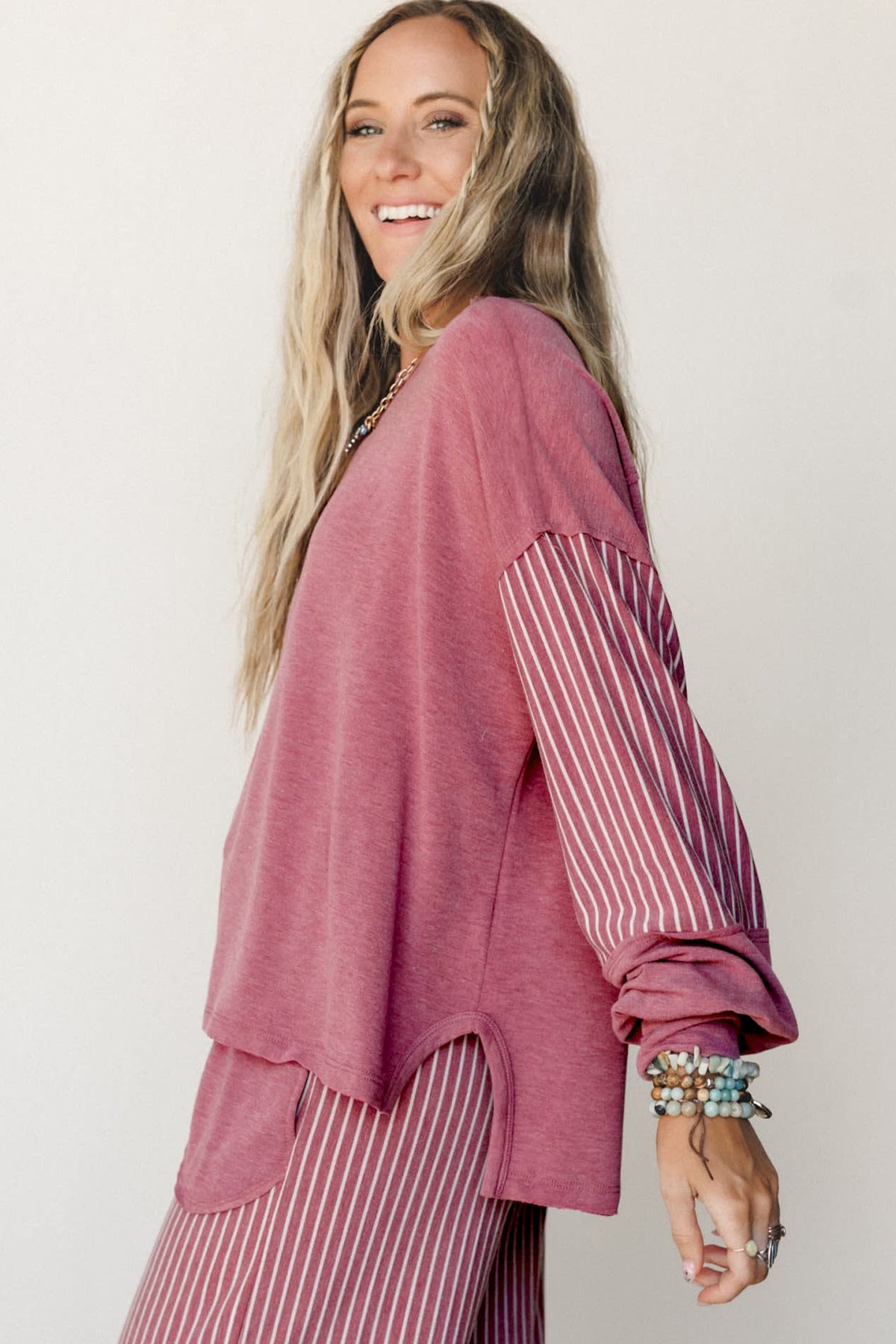 Raw seam patchwork long sleeve top and casual pants two-piece set by Dear-Lover, featuring pockets and a relaxed fit.