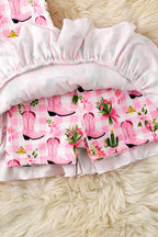 Pink Western boot printed crop top and 3 tiered layered skort. OFG61001 SOL