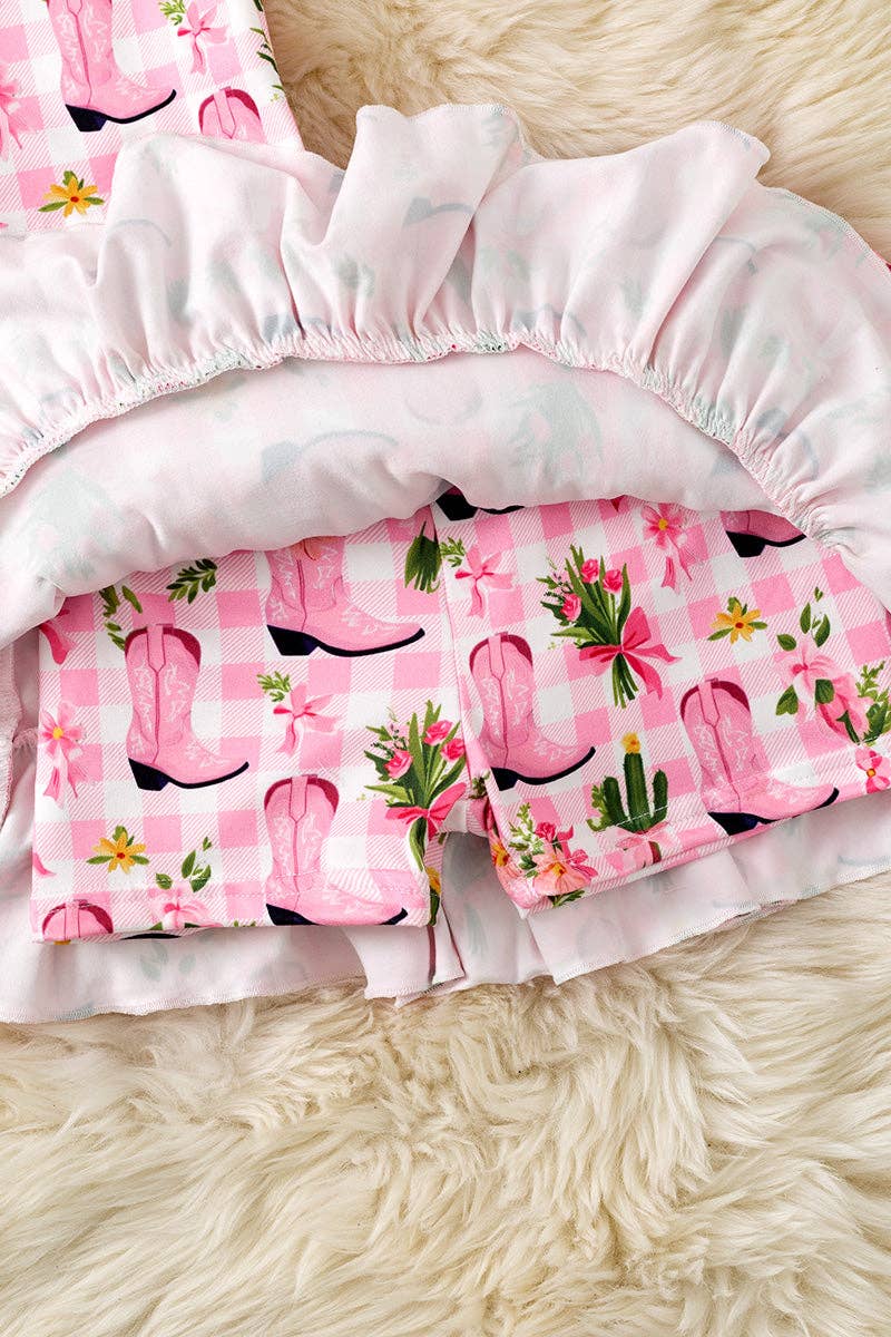 Pink Western boot printed crop top and 3 tiered layered skort. OFG61001 SOL