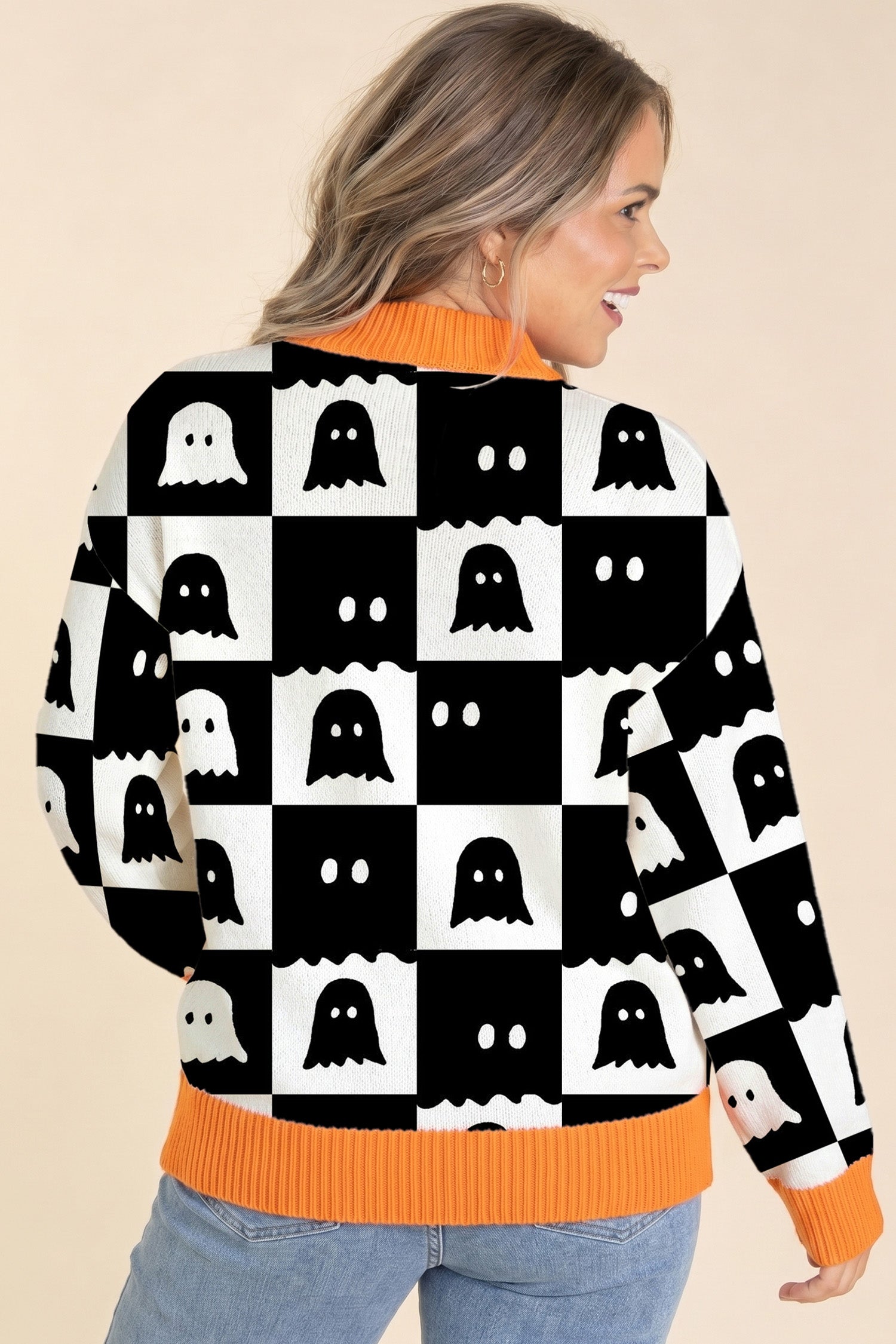 Black High Neck Drop Shoulder Geometric Print Sweater