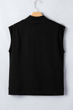 Black Solid Color High Neck Cap Sleeve Loose Top