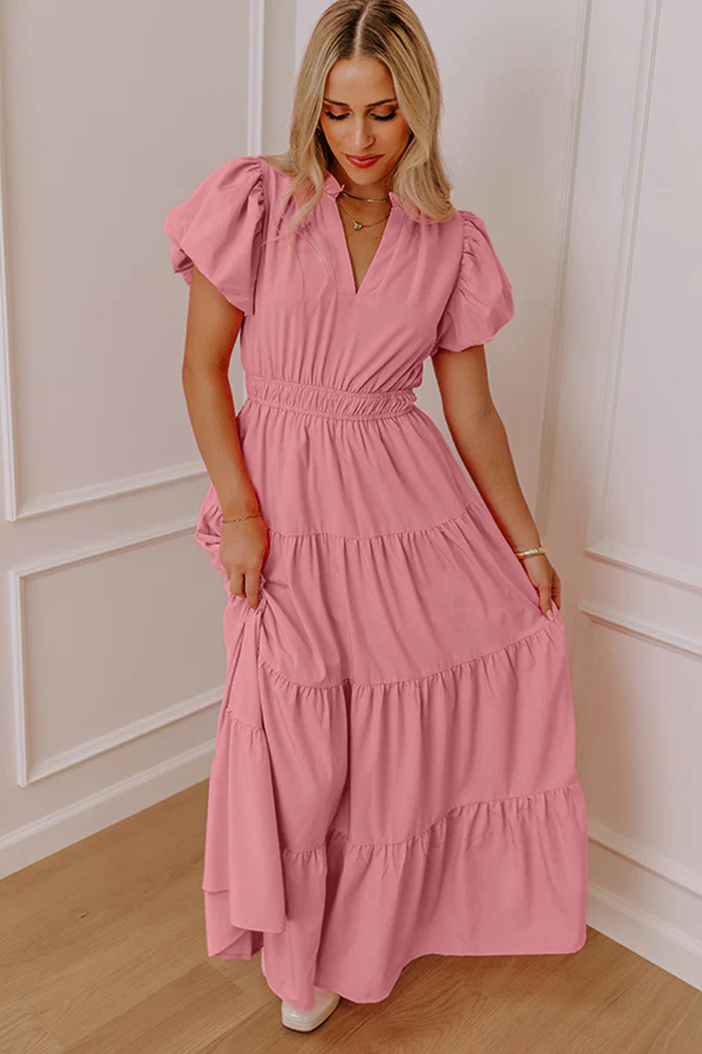 Solid Color V Neck Short Puff Sleeve High Waist Tiered Maxi Dress