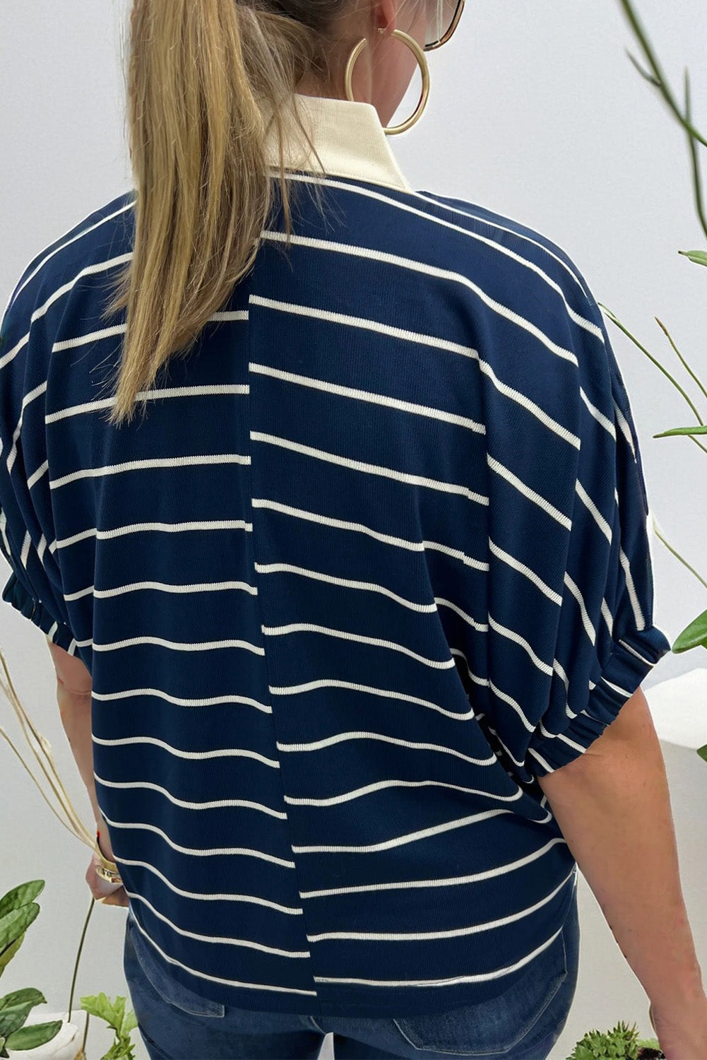 Black Stripe Stand Collar V Neck Elastic Cuffs Half Sleeve Dolman Top