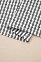 Black Stripe Plus Size V Neck Roll-tab Short Dolman Sleeve Blouse