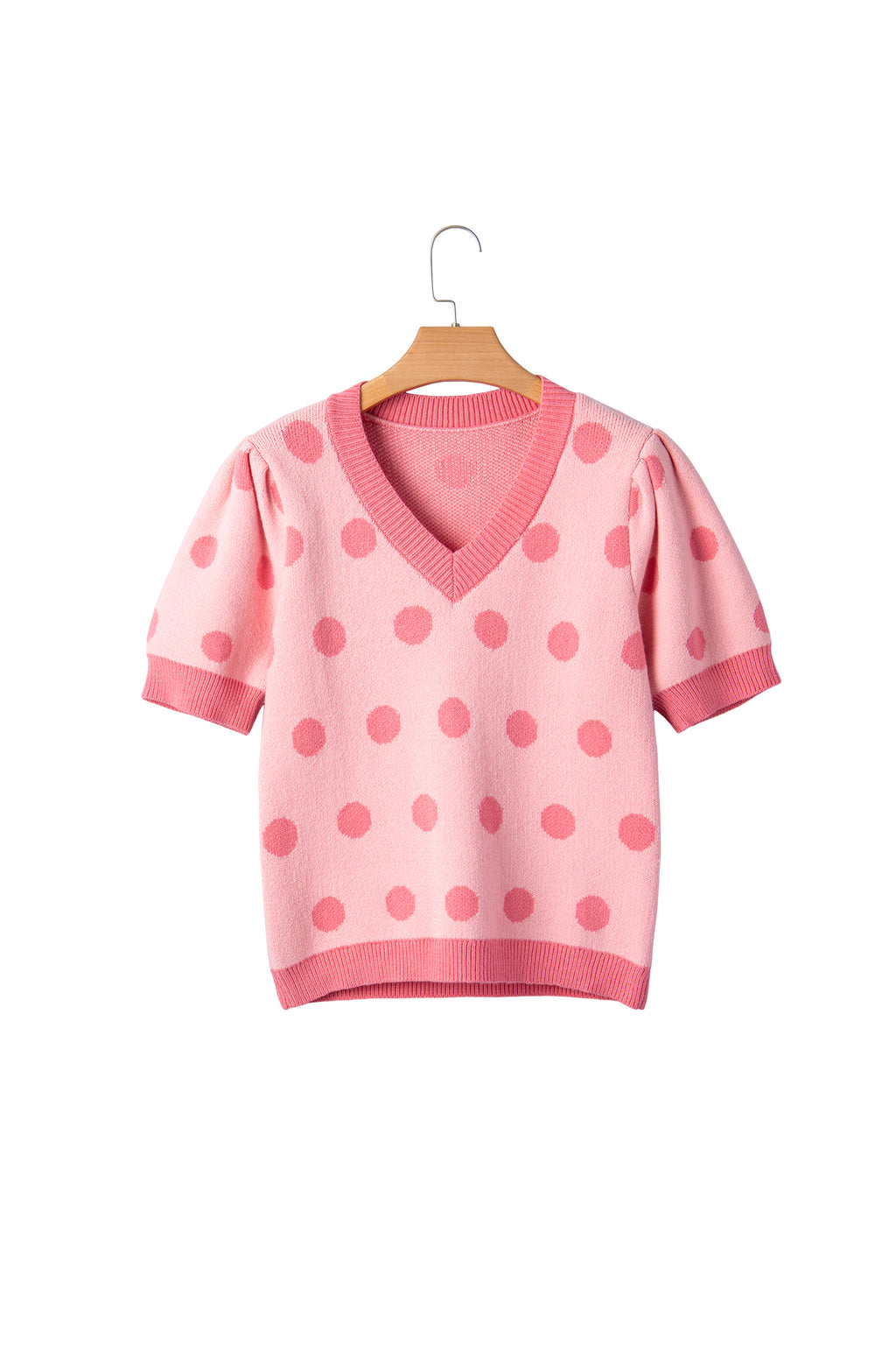 Rose Red Polka Dot Puff Short Sleeve Sweater Top