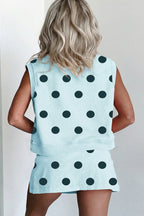 Sky Blue Ribbed Trim Polka Dot Print Tank Split Mini Skort 2pcs Set