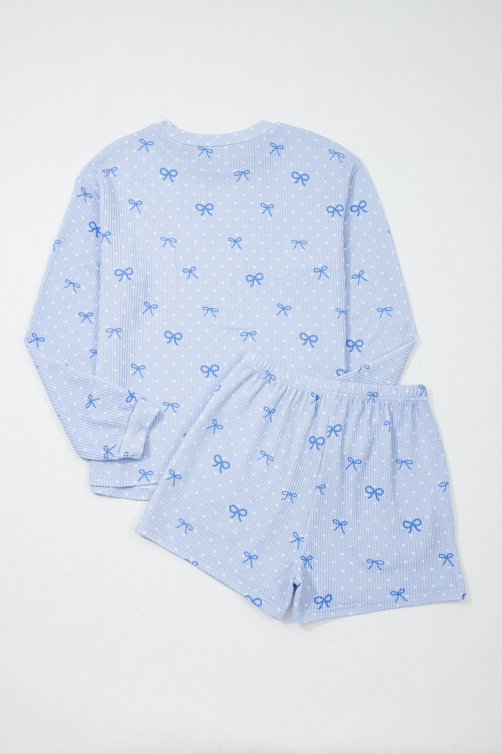 Sky Blue  Bow Print Twisted Rib Loose Long Sleeve Top 2pcs Short Set