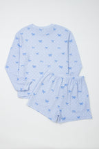 Sky Blue  Bow Print Twisted Rib Loose Long Sleeve Top 2pcs Short Set