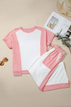 White Two-tone Color Block Patchwork Tee Drawstring Loose Pant Set