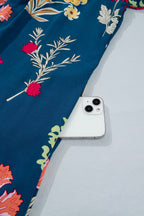 Blue Floral Print Gathered Neckline 7/8 Sleeve Casual Midi Dress