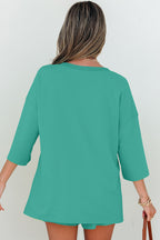 Meadow Mist Green Solid Loose V Neck Half Sleeve Tee and Shorts