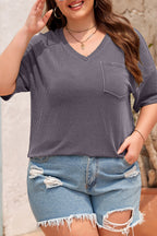 White Textured V-Neck Dropped Shoulder Plus T-Shirt