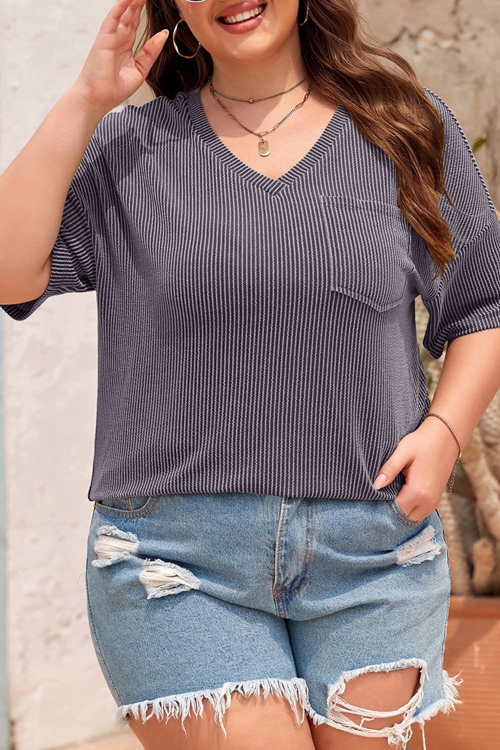 White Textured V-Neck Dropped Shoulder Plus T-Shirt
