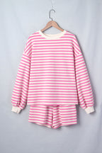 Pink Striped Long Sleeve Crew Neck Drawstring Waist Shorts Set