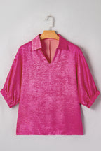 Collared V Neck Half Sleeve Metallic Top