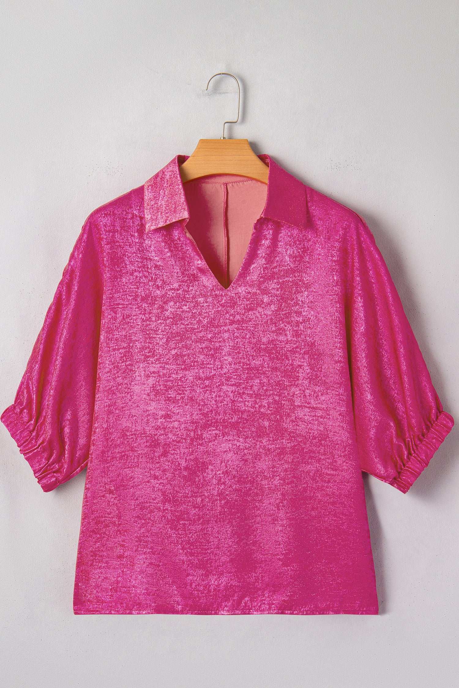 Collared V Neck Half Sleeve Metallic Top